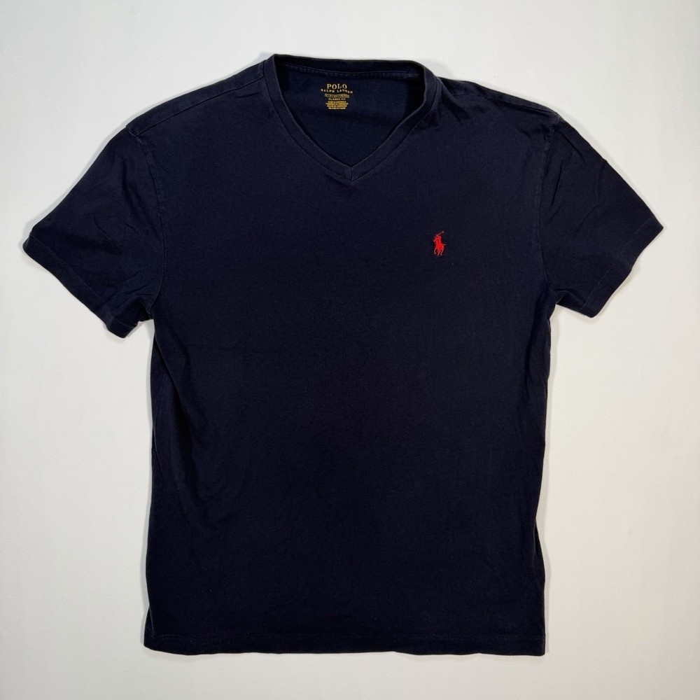 Polo Ralph Lauren T Shirt Men's Small Navy V Neck Red Pony Classic Fit Cotton